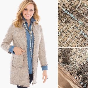 Chico’s Tweed TextureFrayed Blazer Jacket Countless Taupe Gold Sz L/12- Chicos 2